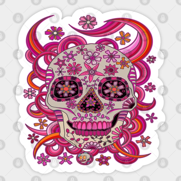 Sugar Skull Pink Flowers - Dia De Los Muertos - Pink Skull Sticker by Scriptnbones